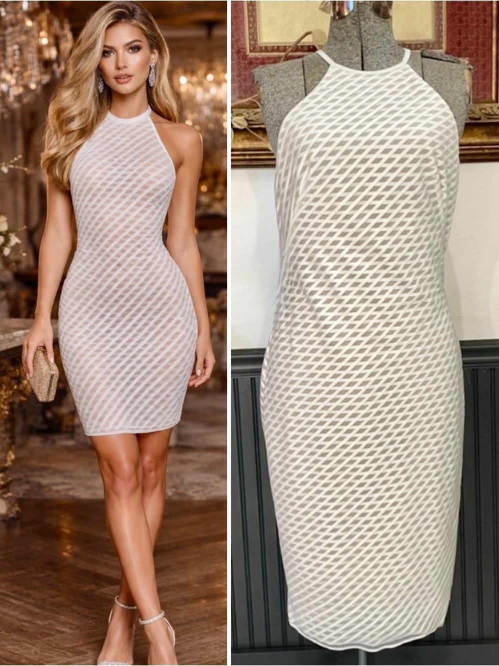 Bailey 44 White Sheer Grid Halter Cocktail Dress Nude Lined Size 8 💚🎀
